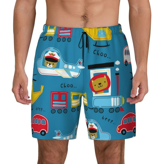 Lsque Mens Swim Trunks Transportations With Cute Animals Pattern - Bathing Suit Compression Liner - Beach Swim Shorts Swimwear - (S-3XL) - Stretch Quick Dry -X-Large