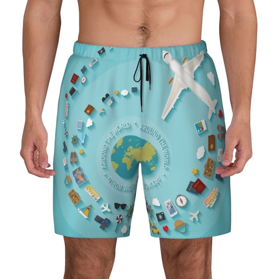 Lsque Mens Swim Trunks Travelling on Airplane Pattern - Bathing Suit Compression Liner - Beach Swim Shorts Swimwear - (S-3XL) - Stretch Quick Dry -3X-Large