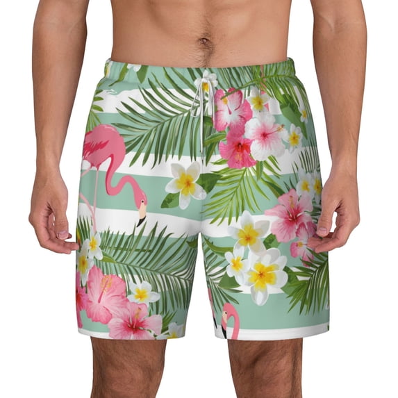 Lsque Mens Swim Trunks Tropical Flamingo Pattern - Bathing Suit Compression Liner - Beach Swim Shorts Swimwear - (S-3XL) - Stretch Quick Dry -3X-Large