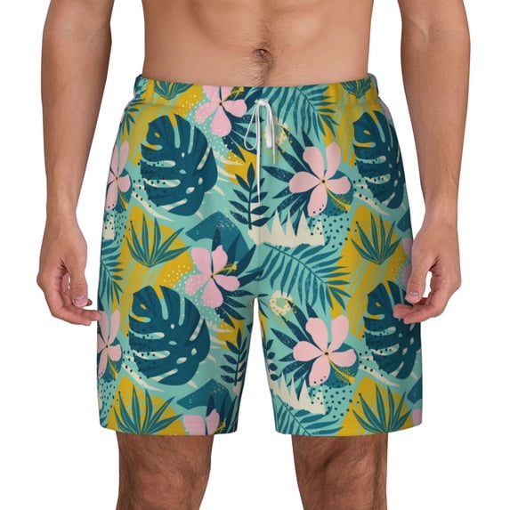 Lsque Mens Swim Trunks Tropical Floral Pattern - Bathing Suit Compression Liner - Beach Swim Shorts Swimwear - (S-3XL) - Stretch Quick Dry -XX-Large