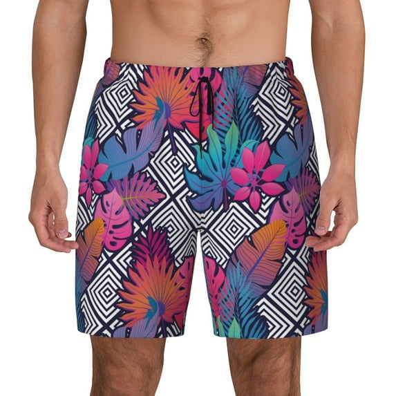 Lsque Mens Swim Trunks Tropical Leaves Pattern - Bathing Suit Compression Liner - Beach Swim Shorts Swimwear - (S-3XL) - Stretch Quick Dry -Large