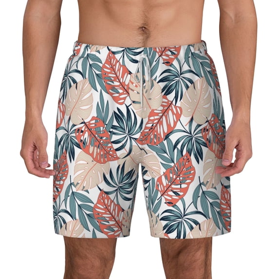 Lsque Mens Swim Trunks Tropical Leaves Pattern - Bathing Suit Compression Liner - Beach Swim Shorts Swimwear - (S-3XL) - Stretch Quick Dry -Medium