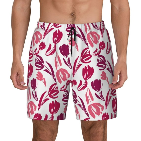 Lsque Mens Swim Trunks Tulips Flowers Pattern - Bathing Suit Compression Liner - Beach Swim Shorts Swimwear - (S-3XL) - Stretch Quick Dry -3X-Large