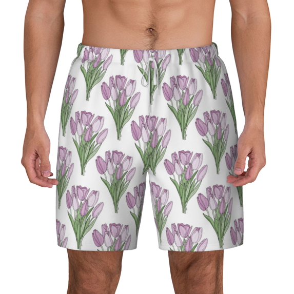 Lsque Mens Swim Trunks Tulips Flowers Pattern - Bathing Suit Compression Liner - Beach Swim Shorts Swimwear - (S-3XL) - Stretch Quick Dry -3X-Large