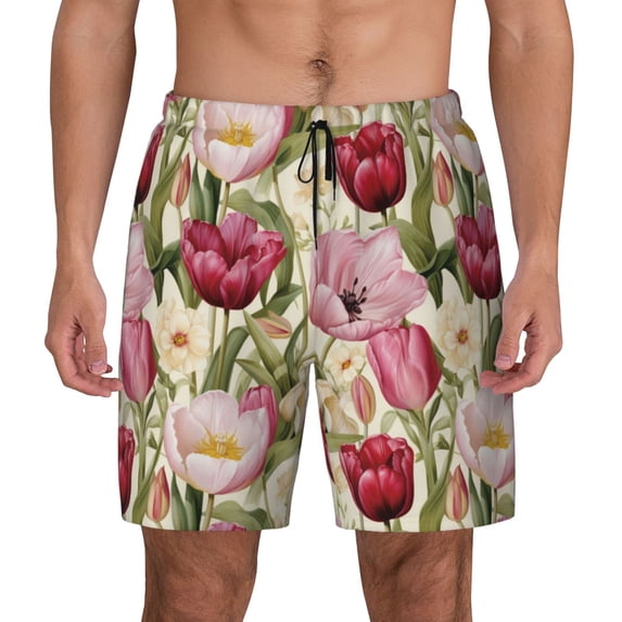 Lsque Mens Swim Trunks Tulips Flowers Pattern - Bathing Suit Compression Liner - Beach Swim Shorts Swimwear - (S-3XL) - Stretch Quick Dry -3X-Large