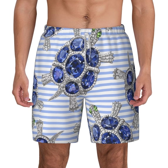 Lsque Mens Swim Trunks Turtle with Blue Stones Pattern - Bathing Suit Compression Liner - Beach Swim Shorts Swimwear - (S-3XL) - Stretch Quick Dry -Medium