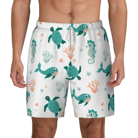 Lsque Mens Swim Trunks Turtles And Seahorses Pattern - Bathing Suit Compression Liner - Beach Swim Shorts Swimwear - (S-3XL) - Stretch Quick Dry -X-Large