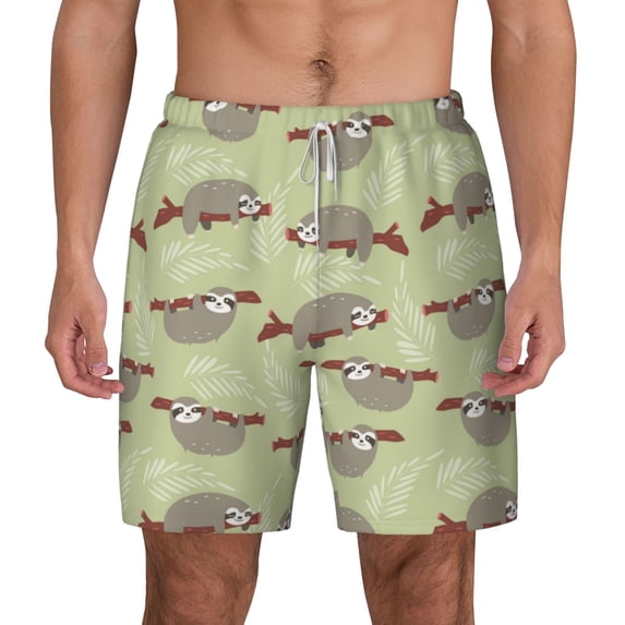 Lsque Mens Swim Trunks Twig Sloth Pattern - Bathing Suit Compression Liner - Beach Swim Shorts Swimwear - (S-3XL) - Stretch Quick Dry -3X-Large