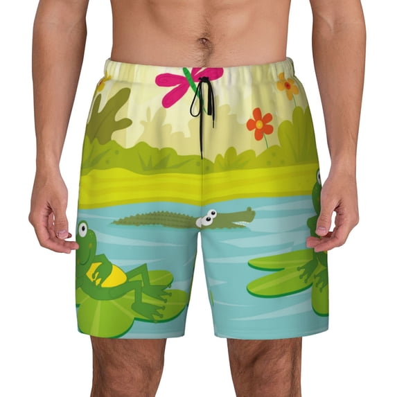 Lsque Mens Swim Trunks Two Frogs Are Sitting On Water Lilies Pattern - Bathing Suit Compression Liner - Beach Swim Shorts Swimwear - (S-3XL) - Stretch Quick Dry -