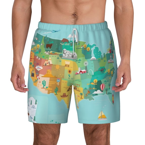 Lsque Mens Swim Trunks USA Tourist Map Pattern - Bathing Suit Compression Liner - Beach Swim Shorts Swimwear - (S-3XL) - Stretch Quick Dry -3X-Large