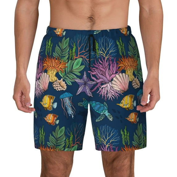 Lsque Mens Swim Trunks Undersea Animals Pattern - Bathing Suit Compression Liner - Beach Swim Shorts Swimwear - (S-3XL) - Stretch Quick Dry -Small