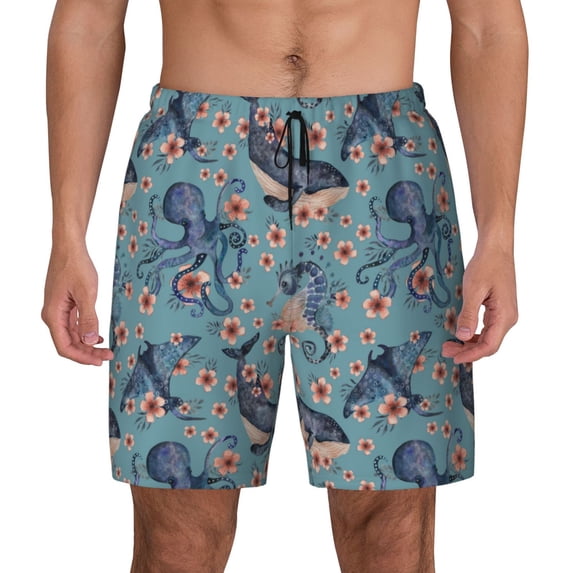 Lsque Mens Swim Trunks Underwater Animals and Flowers Pattern - Bathing Suit Compression Liner - Beach Swim Shorts Swimwear - (S-3XL) - Stretch Quick Dry -Medium