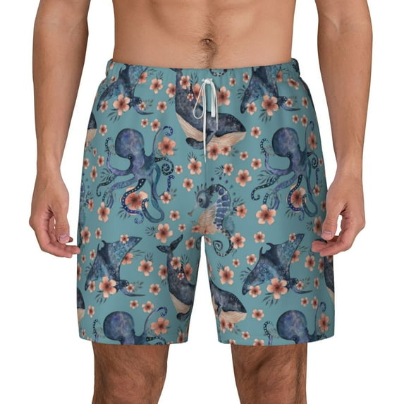 Lsque Mens Swim Trunks Underwater Animals and Flowers Pattern - Bathing Suit Compression Liner - Beach Swim Shorts Swimwear - (S-3XL) - Stretch Quick Dry -XX-Large