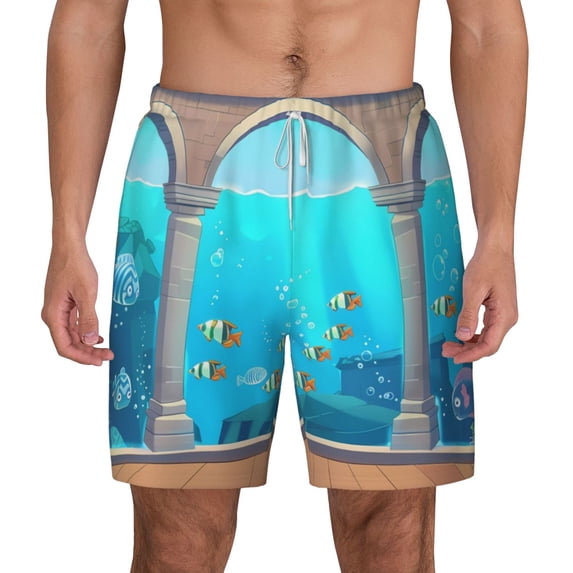 Lsque Mens Swim Trunks Underwater Aquarium Arches Pattern - Bathing Suit Compression Liner - Beach Swim Shorts Swimwear - (S-3XL) - Stretch Quick Dry -Large