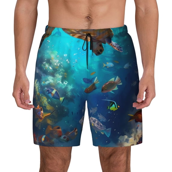 Lsque Mens Swim Trunks Underwater Fish Turtle Pattern - Bathing Suit Compression Liner - Beach Swim Shorts Swimwear - (S-3XL) - Stretch Quick Dry -Large