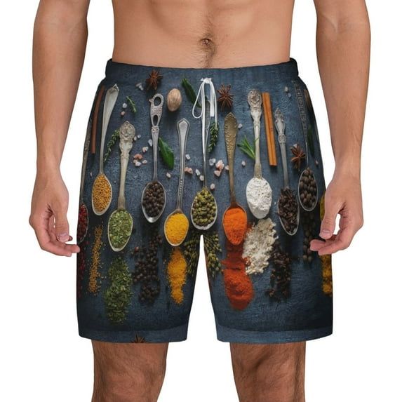 Lsque Mens Swim Trunks Various Herbs And Spices In Spoons Pattern - Bathing Suit Compression Liner - Beach Swim Shorts Swimwear - (S-3XL) - Stretch Quick Dry -3X-Large