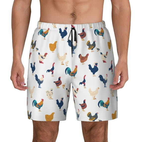 Lsque Mens Swim Trunks Various Rooster Pattern - Bathing Suit Compression Liner - Beach Swim Shorts Swimwear - (S-3XL) - Stretch Quick Dry -3X-Large