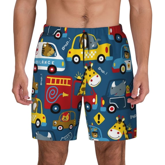 Lsque Mens Swim Trunks Vehicles Cartoon with Funny Drivers Pattern - Bathing Suit Compression Liner - Beach Swim Shorts Swimwear - (S-3XL) - Stretch Quick Dry -Medium