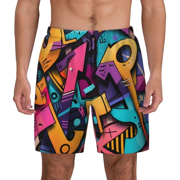 Lsque Mens Swim Trunks Vibrant Graffiti Urban Art Pattern - Bathing Suit Compression Liner - Beach Swim Shorts Swimwear - (S-3XL) - Stretch Quick Dry -Large