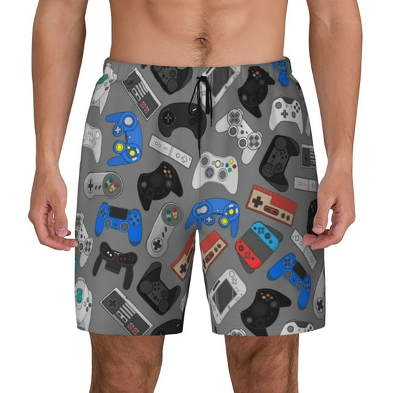 Lsque Mens Swim Trunks Video Game Pattern - Bathing Suit Compression Liner - Beach Swim Shorts Swimwear - (S-3XL) - Stretch Quick Dry -3X-Large
