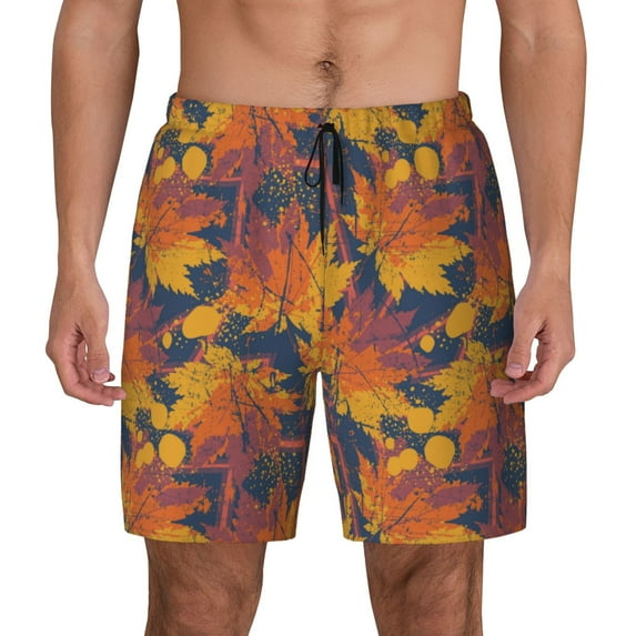 Lsque Mens Swim Trunks Vintage Abstract Maple Leaf Art Pattern - Bathing Suit Compression Liner - Beach Swim Shorts Swimwear - (S-3XL) - Stretch Quick Dry -