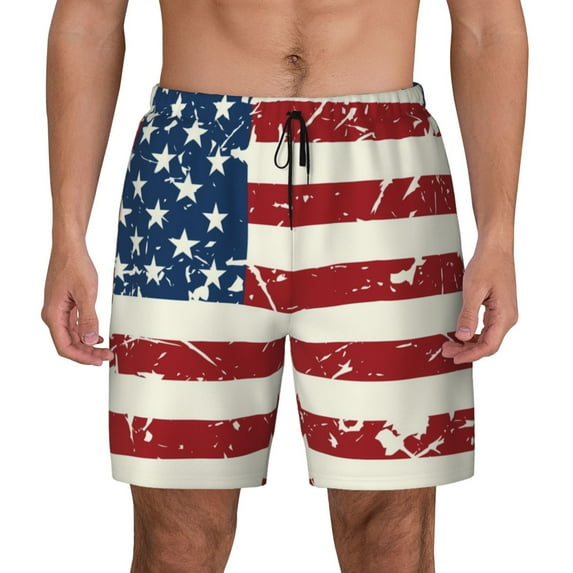 Lsque Mens Swim Trunks Vintage American Flag Pattern - Bathing Suit Compression Liner - Beach Swim Shorts Swimwear - (S-3XL) - Stretch Quick Dry -Large