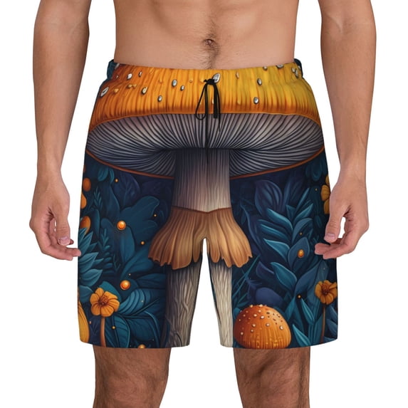 Lsque Mens Swim Trunks Vintage Blue Leaf Mushroom Pattern - Bathing Suit Compression Liner - Beach Swim Shorts Swimwear - (S-3XL) - Stretch Quick Dry -3X-Large