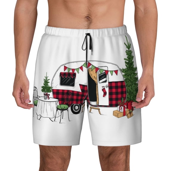 Lsque Mens Swim Trunks Vintage Buffalo Plaid Christmas Camper Pattern - Bathing Suit Compression Liner - Beach Swim Shorts Swimwear - (S-3XL) - Stretch Quick Dry -Medium