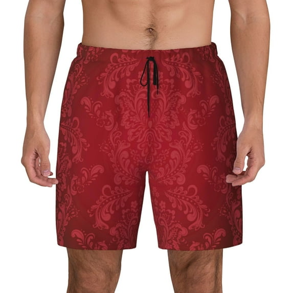 Lsque Mens Swim Trunks Vintage Burgundy Pattern - Bathing Suit Compression Liner - Beach Swim Shorts Swimwear - (S-3XL) - Stretch Quick Dry -Small
