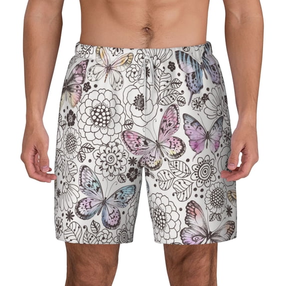 Lsque Mens Swim Trunks Vintage Butterflies Pattern - Bathing Suit Compression Liner - Beach Swim Shorts Swimwear - (S-3XL) - Stretch Quick Dry -Large