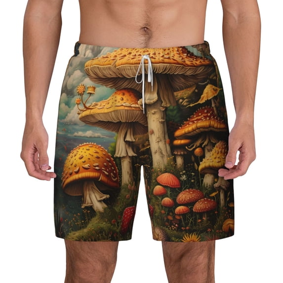 Lsque Mens Swim Trunks Vintage Cloud Mushroom Pattern - Bathing Suit Compression Liner - Beach Swim Shorts Swimwear - (S-3XL) - Stretch Quick Dry -X-Large