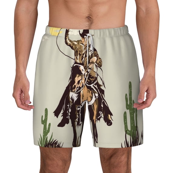 Lsque Mens Swim Trunks Vintage Cowboy Riding Horse Pattern - Bathing Suit Compression Liner - Beach Swim Shorts Swimwear - (S-3XL) - Stretch Quick Dry -Medium
