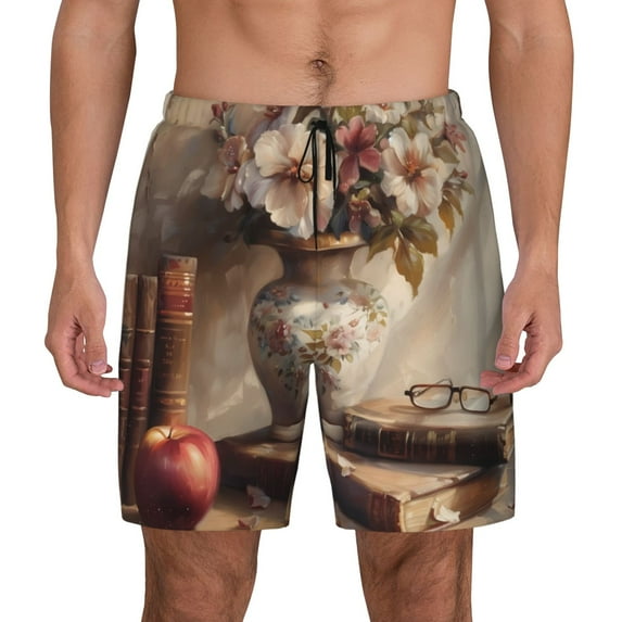 Lsque Mens Swim Trunks Vintage Floral Vase With Books Pattern - Bathing Suit Compression Liner - Beach Swim Shorts Swimwear - (S-3XL) - Stretch Quick Dry -XX-Large