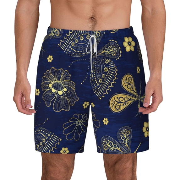 Lsque Mens Swim Trunks Vintage Golden Butterfly Pattern - Bathing Suit Compression Liner - Beach Swim Shorts Swimwear - (S-3XL) - Stretch Quick Dry -3X-Large