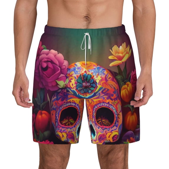 Lsque Mens Swim Trunks Vintage Patterned Skull Pattern - Bathing Suit Compression Liner - Beach Swim Shorts Swimwear - (S-3XL) - Stretch Quick Dry -X-Large