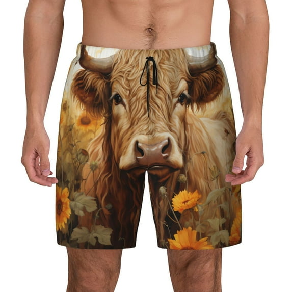 Lsque Mens Swim Trunks Vintage Sunflower Cow Pattern - Bathing Suit Compression Liner - Beach Swim Shorts Swimwear - (S-3XL) - Stretch Quick Dry -Small
