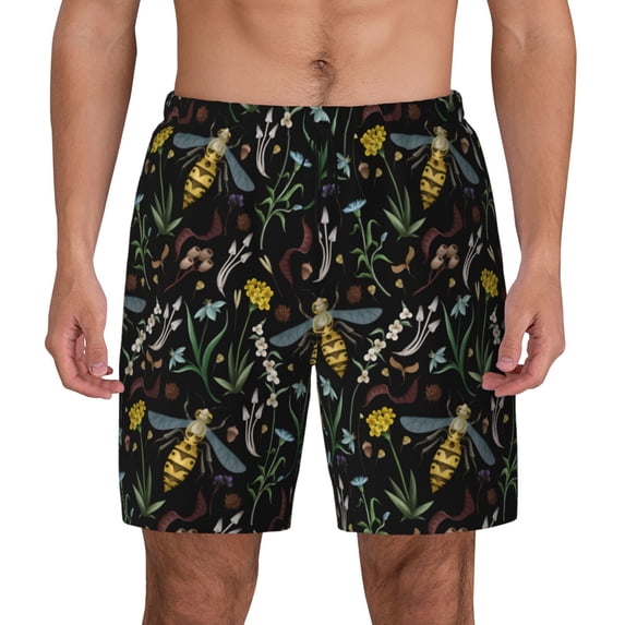 Lsque Mens Swim Trunks Wasp and Florals Pattern - Bathing Suit Compression Liner - Beach Swim Shorts Swimwear - (S-3XL) - Stretch Quick Dry -Medium