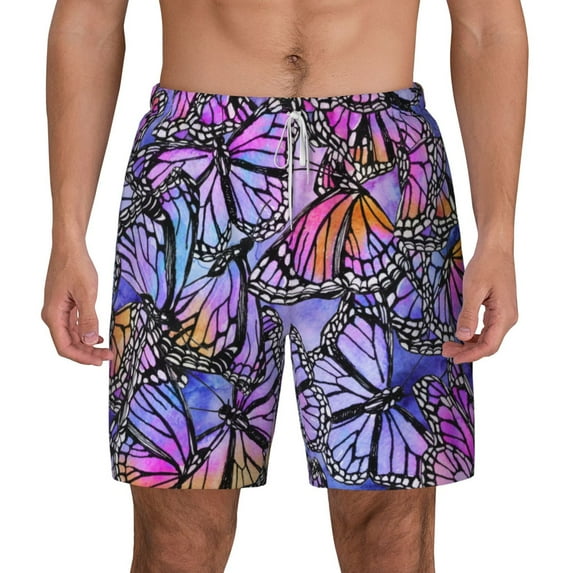 Lsque Mens Swim Trunks Watercolor Butterflies Pattern - Bathing Suit Compression Liner - Beach Swim Shorts Swimwear - (S-3XL) - Stretch Quick Dry -X-Large