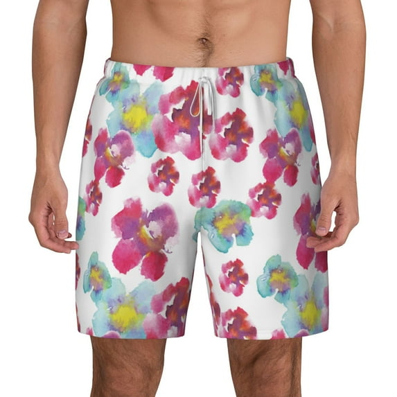 Lsque Mens Swim Trunks Watercolor Flowers Pattern - Bathing Suit Compression Liner - Beach Swim Shorts Swimwear - (S-3XL) - Stretch Quick Dry -Small