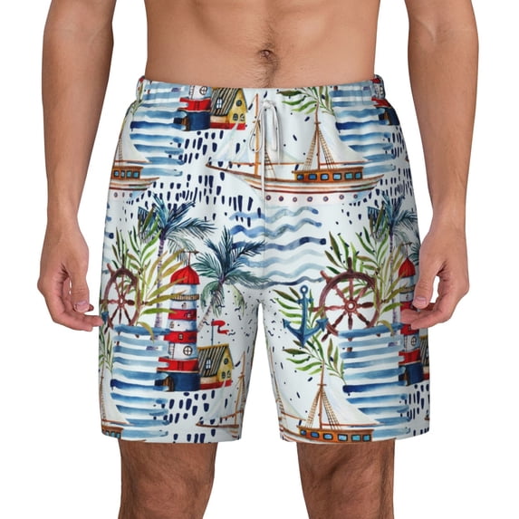 Lsque Mens Swim Trunks Watercolor Sailboat Pattern - Bathing Suit Compression Liner - Beach Swim Shorts Swimwear - (S-3XL) - Stretch Quick Dry -3X-Large