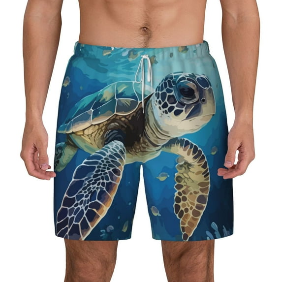 Lsque Mens Swim Trunks Watercolor Turtle Pattern - Bathing Suit Compression Liner - Beach Swim Shorts Swimwear - (S-3XL) - Stretch Quick Dry -Large