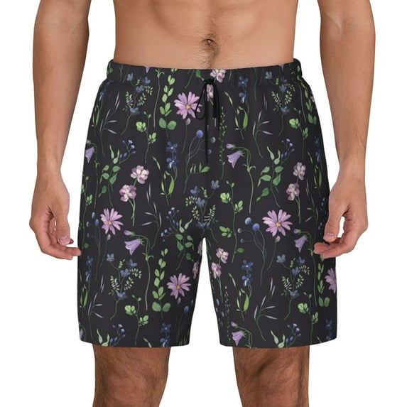 Lsque Mens Swim Trunks Watercolor Wildflower 1 Pattern - Bathing Suit Compression Liner - Beach Swim Shorts Swimwear - (S-3XL) - Stretch Quick Dry -Large