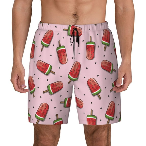 Lsque Mens Swim Trunks Watermelon Ice Cream Pattern - Bathing Suit Compression Liner - Beach Swim Shorts Swimwear - (S-3XL) - Stretch Quick Dry -3X-Large