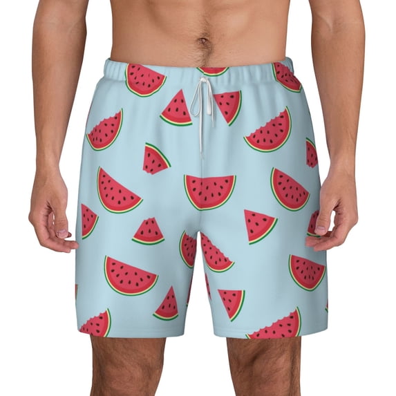 Lsque Mens Swim Trunks Watermelon Pattern - Bathing Suit Compression Liner - Beach Swim Shorts Swimwear - (S-3XL) - Stretch Quick Dry -Large