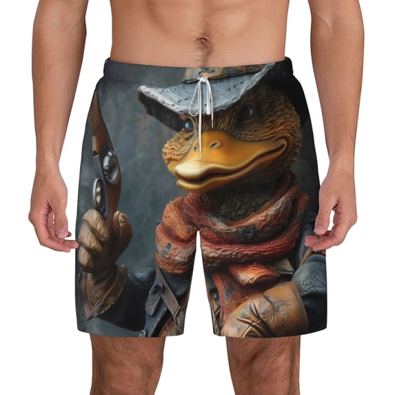 Lsque Mens Swim Trunks Western Cowboy Duck Pattern - Bathing Suit Compression Liner - Beach Swim Shorts Swimwear - (S-3XL) - Stretch Quick Dry -Large
