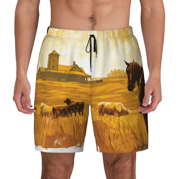Lsque Mens Swim Trunks Western Cowboy Ranch Pattern - Bathing Suit Compression Liner - Beach Swim Shorts Swimwear - (S-3XL) - Stretch Quick Dry -XX-Large