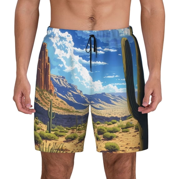 Lsque Mens Swim Trunks Western Desert Cactus Pattern - Bathing Suit Compression Liner - Beach Swim Shorts Swimwear - (S-3XL) - Stretch Quick Dry -3X-Large