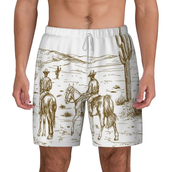 Lsque Mens Swim Trunks Western Desert Cowboys Pattern - Bathing Suit Compression Liner - Beach Swim Shorts Swimwear - (S-3XL) - Stretch Quick Dry -Large