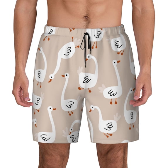 Lsque Mens Swim Trunks White Goose Pattern - Bathing Suit Compression Liner - Beach Swim Shorts Swimwear - (S-3XL) - Stretch Quick Dry -X-Large