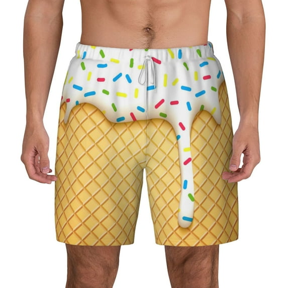 Lsque Mens Swim Trunks White Ice Cream Pattern - Bathing Suit Compression Liner - Beach Swim Shorts Swimwear - (S-3XL) - Stretch Quick Dry -XX-Large
